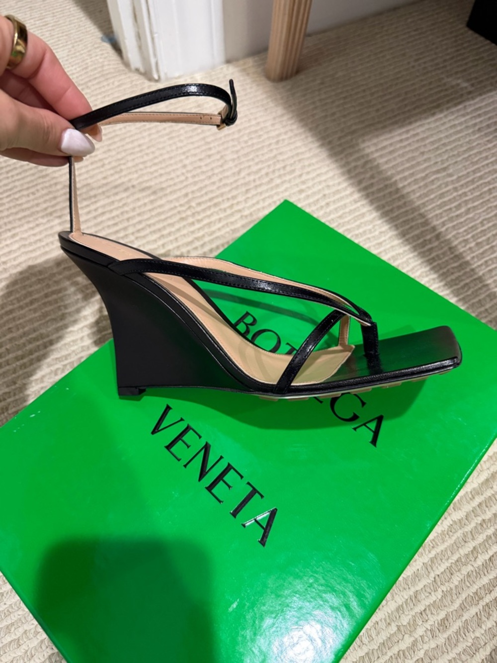 Bottega Veneta Black Patent Wedge Ankle-Strap Sandals